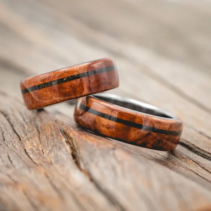 “REMMY” – MATCHING SET OF REDWOOD & MOSS INLAY WEDDING BANDS