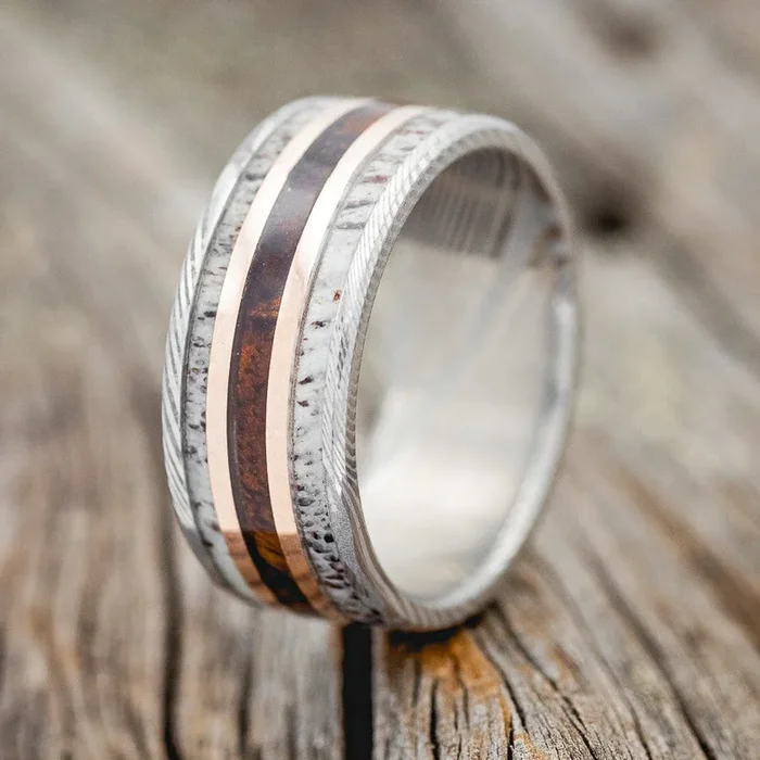 “RIO” – ANTLER, IRONWOOD & 14K GOLD INLAYS WEDDING RING