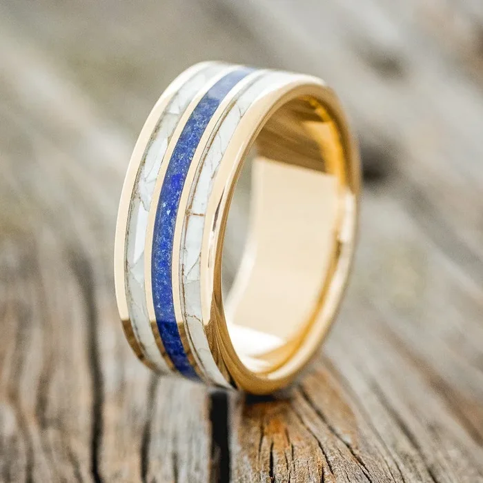 “RIO” – MOTHER OF PEARL & LAPIS LAZULI WEDDING RING FEATURING A 14K GOLD BAND