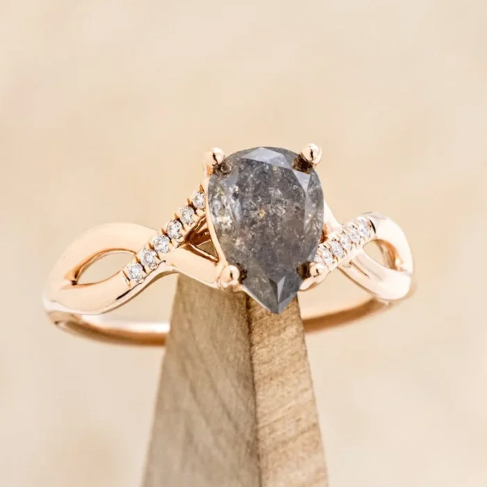 “ROSLYN” – PEAR CUT SALT & PEPPER DIAMOND ENGAGEMENT RING WITH DIAMOND ACCENTS