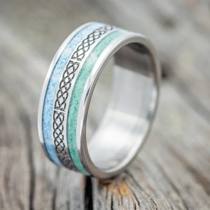 “RYDER” – CELTIC SAILOR’S KNOT ENGRAVED, MALACHITE & TURQUOISE WEDDING RING