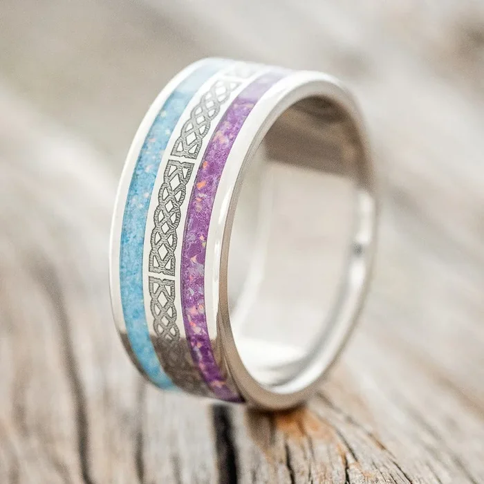 “RYDER” – CELTIC SAILOR’S KNOT ENGRAVED WEDDING RING WITH TURQUOISE & SUGILITE MIXED WITH OPAL