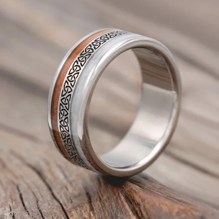 “RYDER” – CELTIC TRIQUETRA KNOT ENGRAVED, GRANITE & REDWOOD WEDDING RING