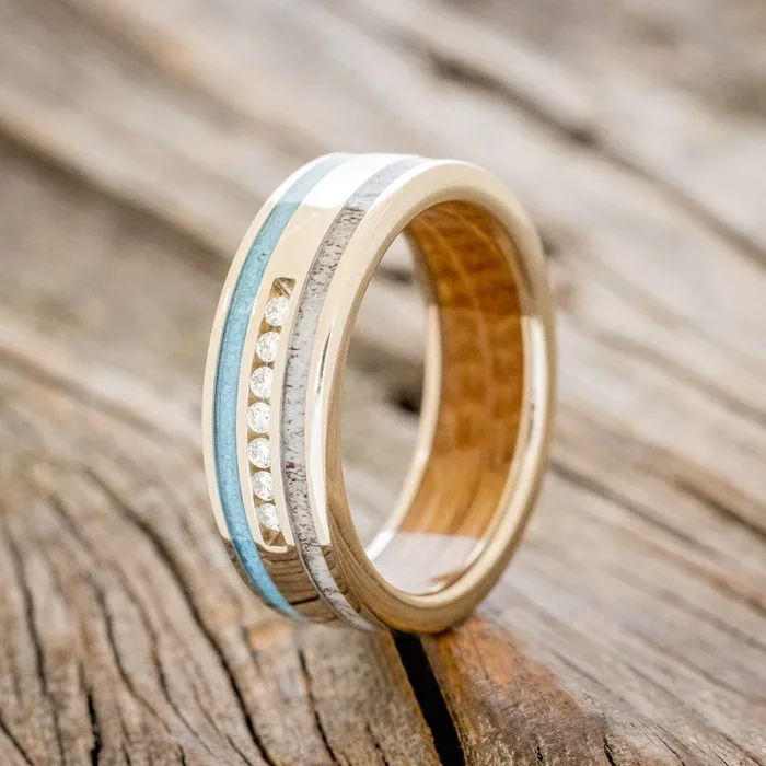 “RYDER” – DIAMONDS, ANTLER & TURQUOISE INLAYS WEDDING BAND WITH WHISKEY BARREL LINING