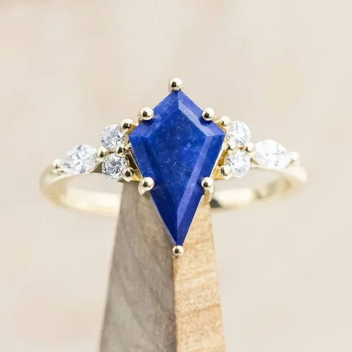 “SAGE” – KITE CUT LAPIS LAZULI ENGAGEMENT RING WITH DIAMOND ACCENTS – 14K YELLOW GOLD – SIZE 7