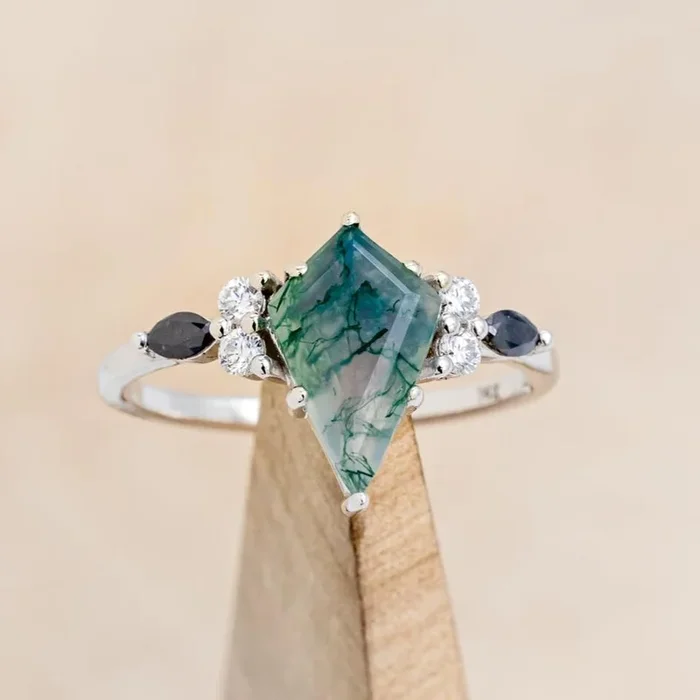 “SAGE” – KITE CUT MOSS AGATE ENGAGEMENT RING WITH BLACK MARQUISE DIAMOND ACCENTS – 14K WHITE GOLD – SIZE 7 1/2