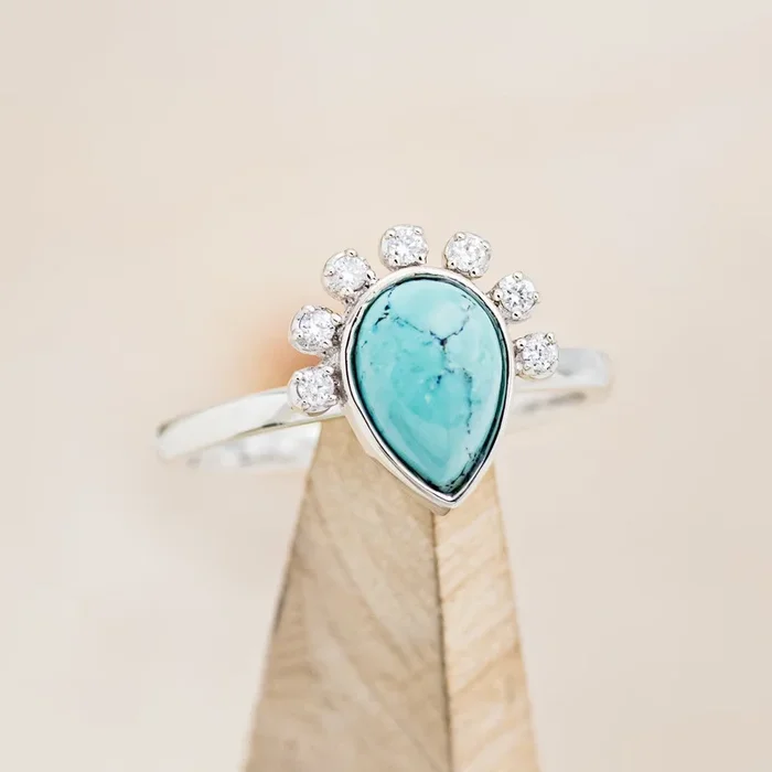 “SHANIA” – PEAR CABOCHON CUT TURQUOISE ENGAGEMENT RING WITH DIAMOND ACCENTS