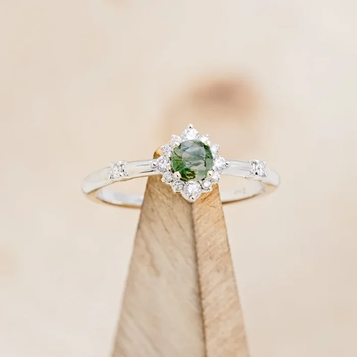 “STARLA” – ROUND CUT ENGAGEMENT RING WITH STARBURST DIAMOND HALO – READY TO SHIP