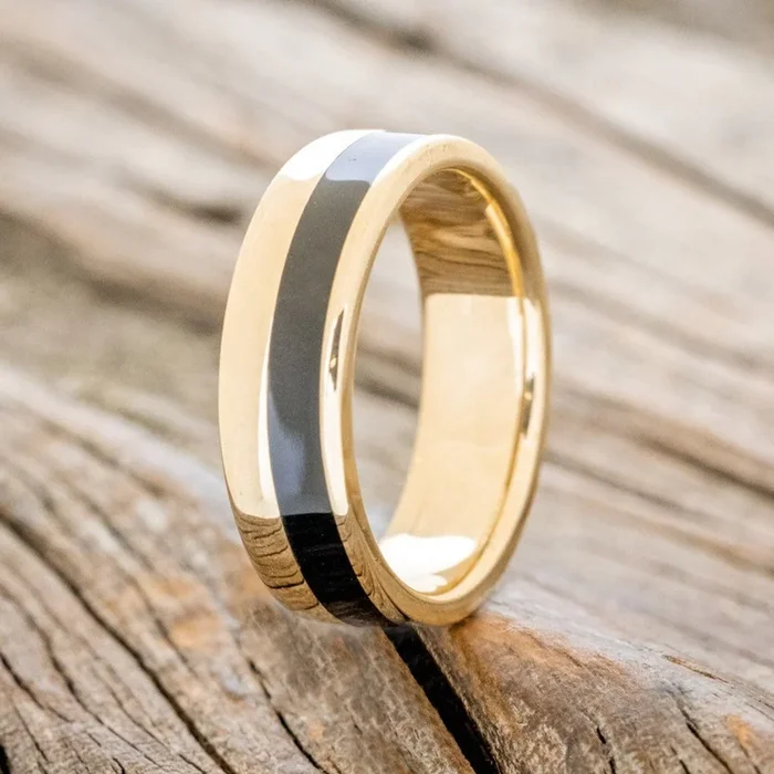 “TANNER” – BLACK ACRYLIC INLAY WEDDING RING FEATURING A 14K GOLD BAND