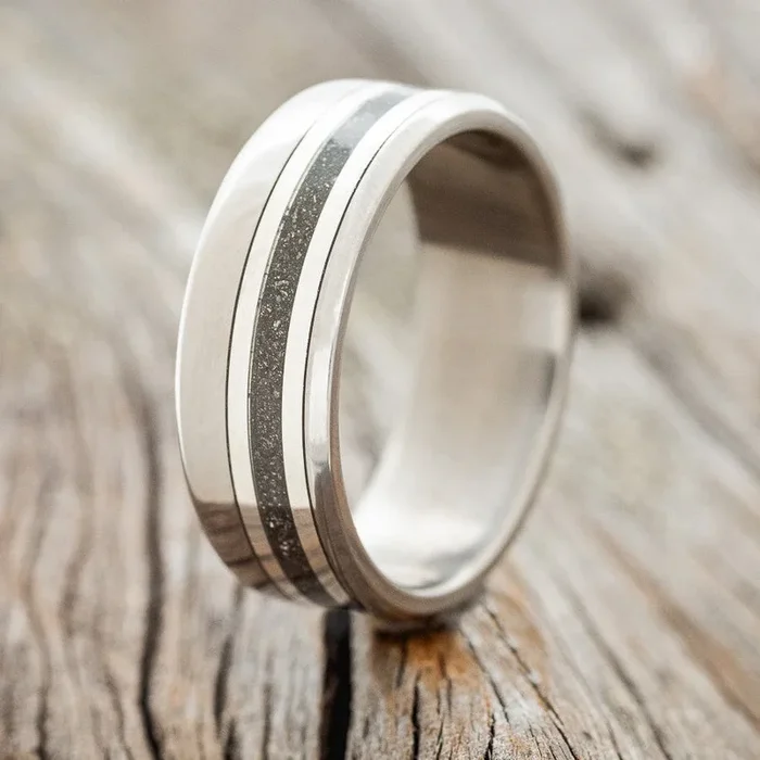 “TANNER” – PYRITE & 14K GOLD INLAYS WEDDING BAND