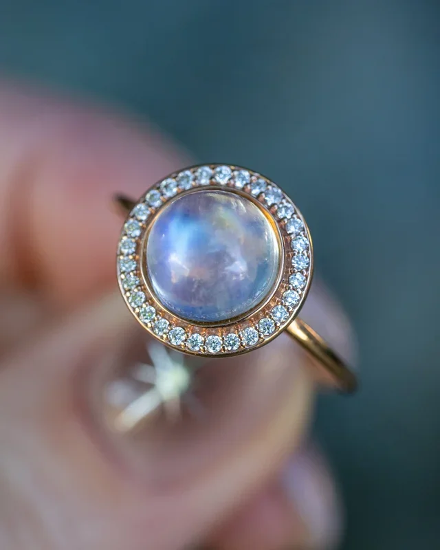 “TERRA” – ROUND CABOCHON CUT MOONSTONE ENGAGEMENT RING WITH DIAMOND HALO – 14K ROSE GOLD – SIZE 6 3/4