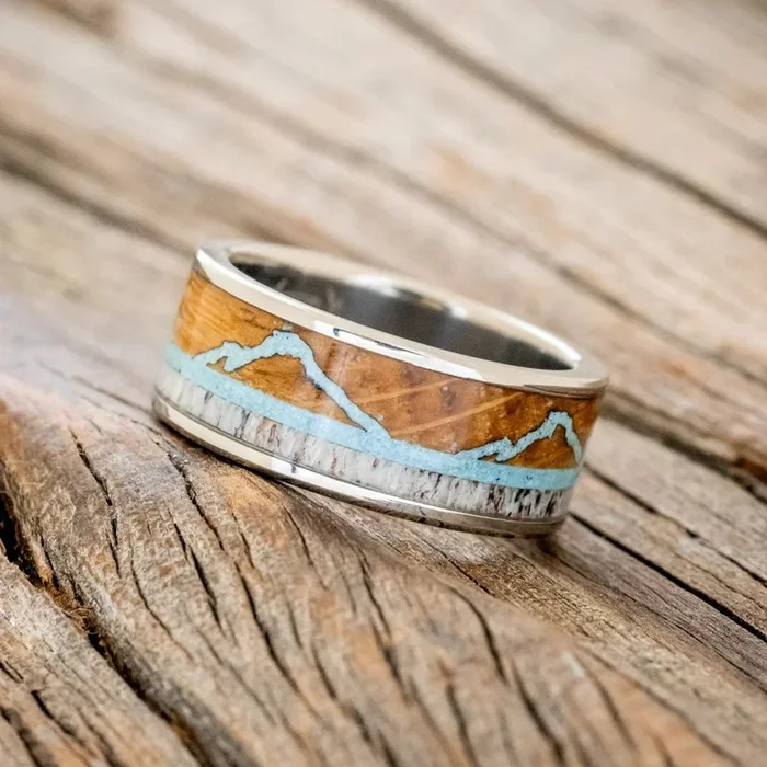 “THE EXPEDITION” – MOUNTAIN ENGRAVED WEDDING RING WITH REDWOOD, TURQUOISE & ANTLER – TITANIUM – SIZE 8 1/2