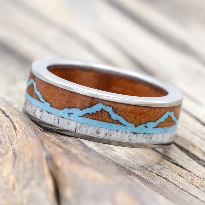 “THE EXPEDITION” – MOUNTAIN ENGRAVED WEDDING RING WITH REDWOOD, TURQUOISE & ANTLER WITH REDWOOD LINING