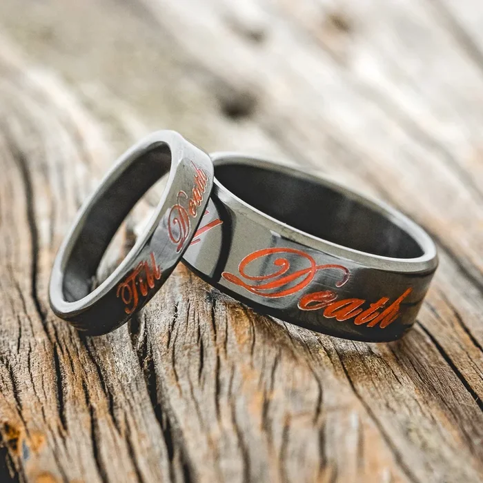 “TILL DEATH” – MATCHING SET OF ENGRAVED BLACK ZIRCONIUM WEDDING BANDS