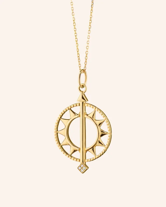 “Time is Precious” Open Sundial 18K Gold Necklace with Diamond Tip
