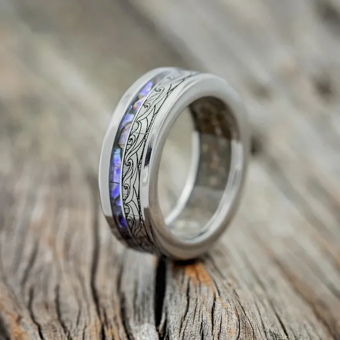 “TRITON” – WAVE ENGRAVED WEDDING BAND WITH PAUA SHELL & SAND LINING – TITANIUM – SIZE 9 1/4
