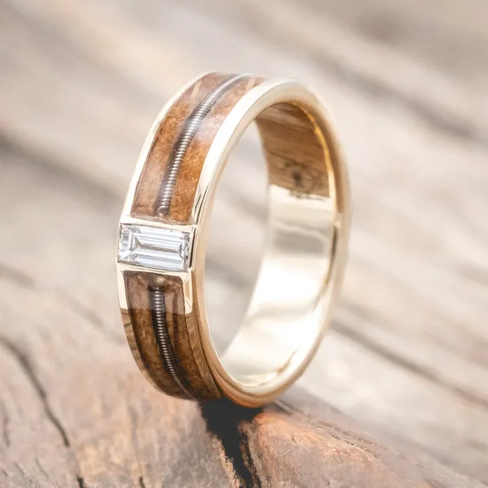 “VAUGHAN” – GUITAR STRING & WHISKEY BARREL OAK WEDDING RING WITH LAB-GROWN BAGUETTE CUT DIAMOND