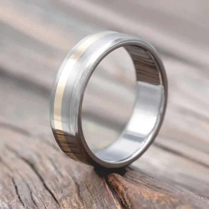 “VERTIGO” – 14K GOLD INLAY WEDDING BAND WITH A BRUSHED FINISH