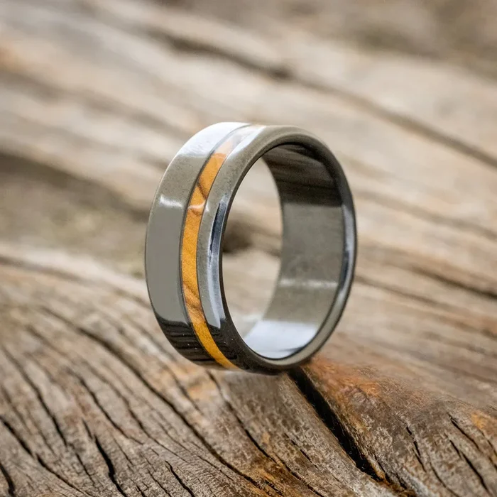 “VERTIGO” – BETHLEHEM OLIVE WOOD WEDDING BAND – BLACK ZIRCONIUM – SIZE 10 3/4