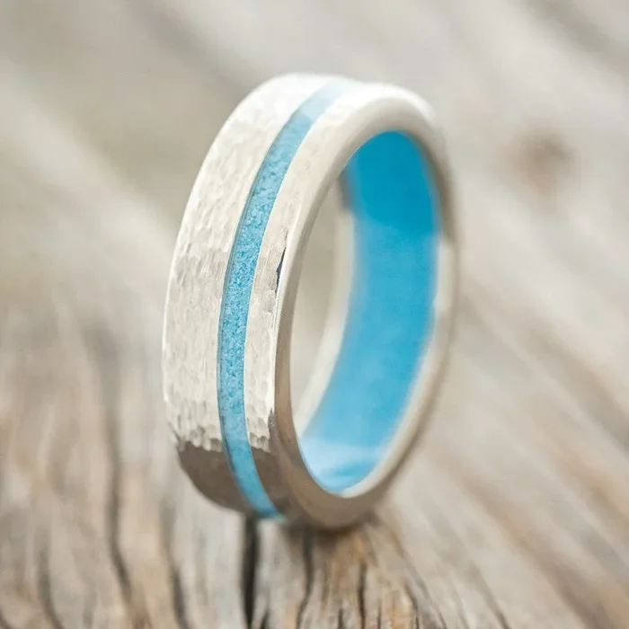 “VERTIGO” – TURQUOISE INLAY & LINED WEDDING BAND WITH A HAMMERED FINISH