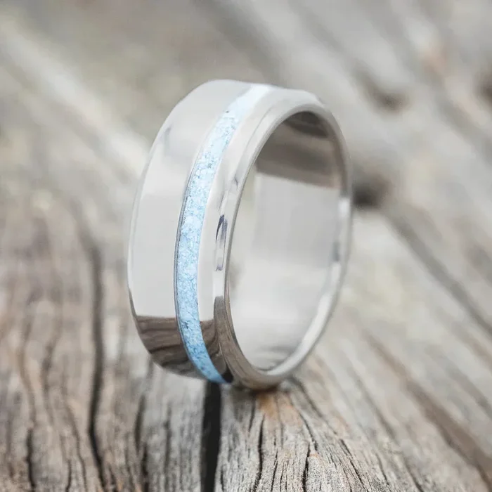“VERTIGO” – TURQUOISE INLAY WEDDING BAND – TITANIUM – SIZE 9 1/2