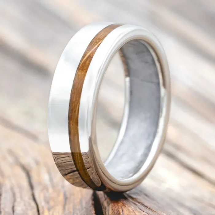 “VERTIGO” – WEDDING BAND WITH CUSTOM WEDDING DRESS LINING & WHISKEY BARREL OAK INLAY