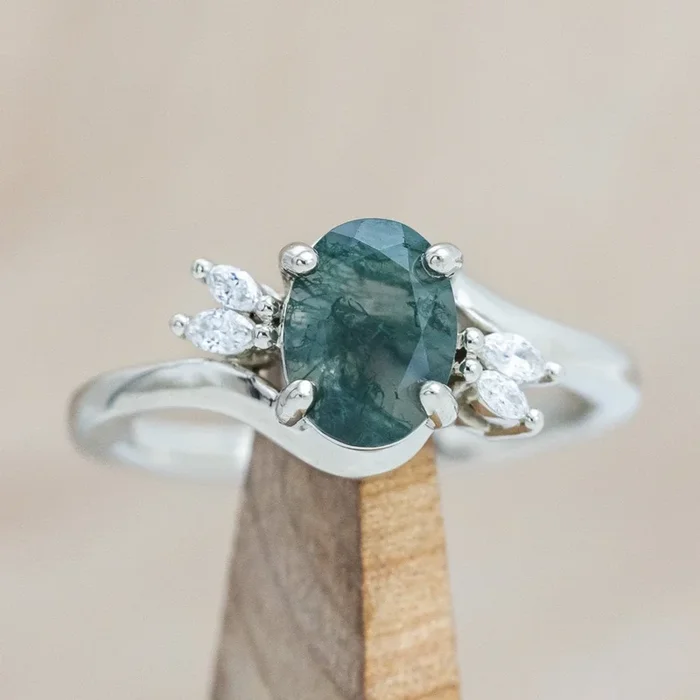 “YAVANNA” – OVAL CUT MOSS AGATE ENGAGEMENT RING WITH DIAMOND ACCENTS