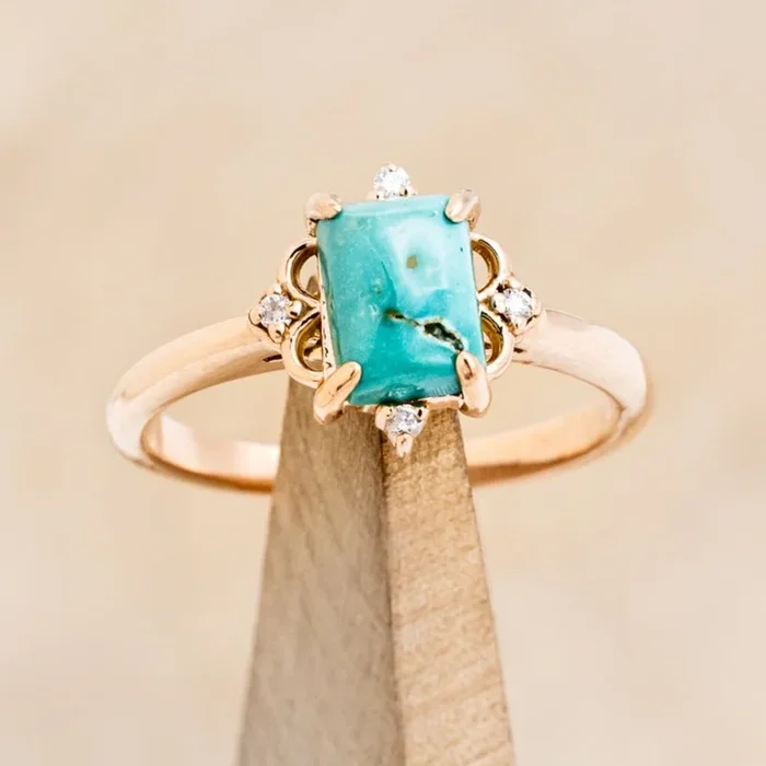 “ZELLA” – EMERALD CABOCHON CUT TURQUOISE ENGAGEMENT RING WITH DIAMOND ACCENTS – READY TO SHIP