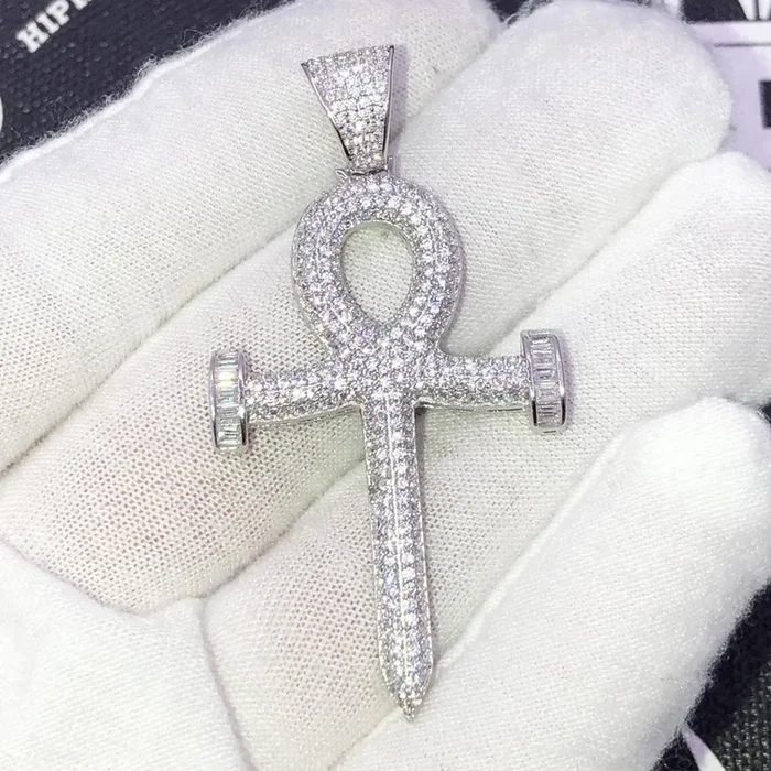 .925 Silver Ankh Nail Baguette VVS CZ Iced Out Pendant