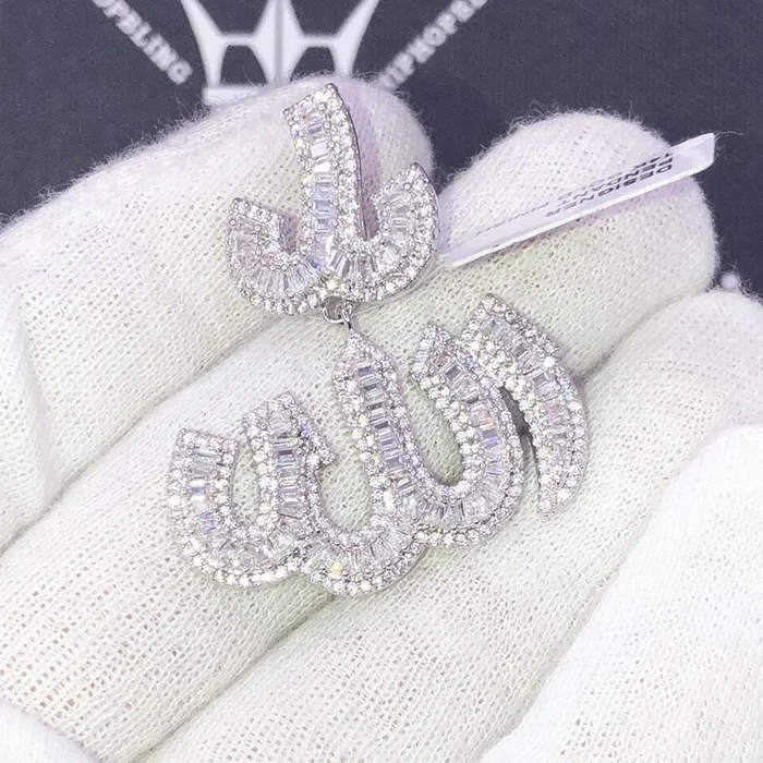 .925 Silver Baguette Allah Arabic VVS CZ Iced Out Pendant