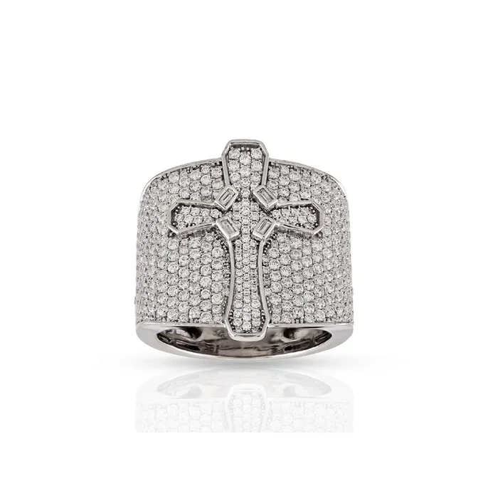 925 Silver CZ Round Diamond Cross Men’s Ring