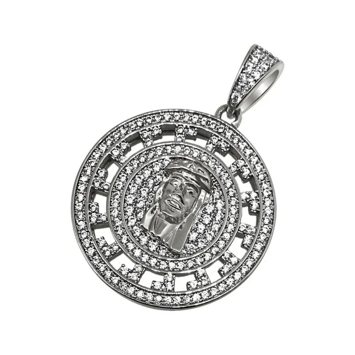 .925 Silver Jesus Greek Pattern CZ Circle Pendant