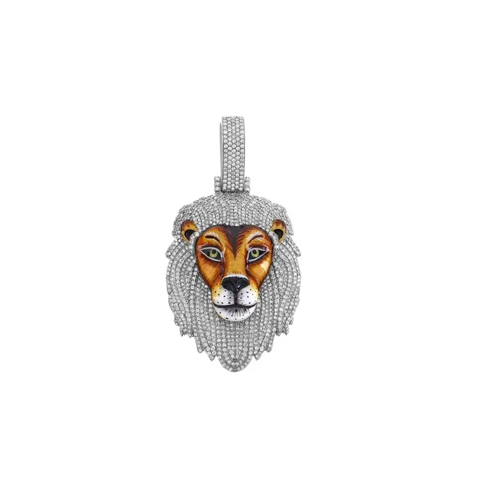 925 Silver Lion Head Pendant with King Crown on 5.7CT Cz Diamond