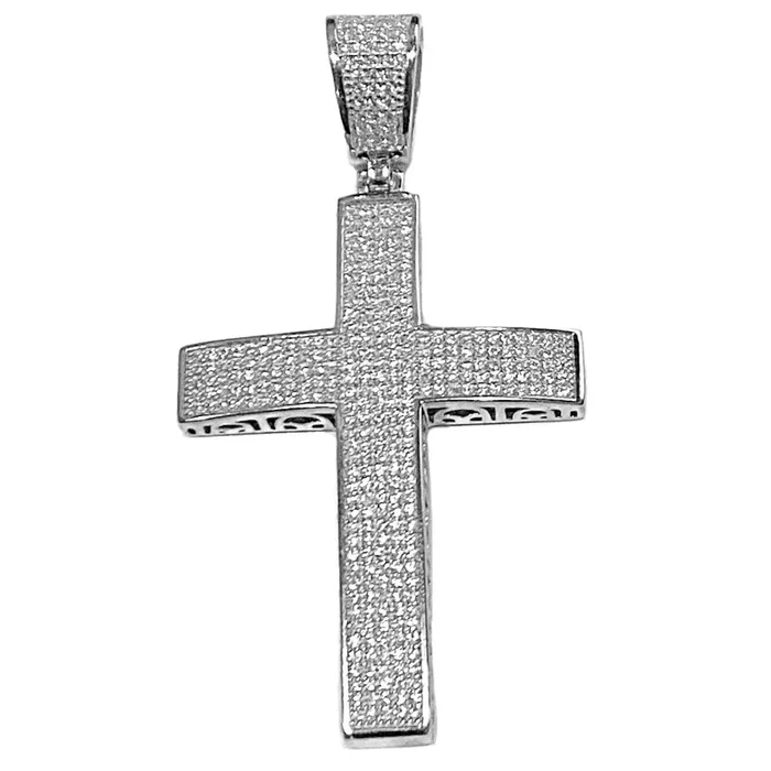 925 Sterling Silver Cross Moissanite Iced Flooded Out Pendant 2″