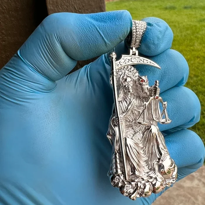 925 Sterling Silver La Santa Muerte Moissanite VVS1 Pendant Dije de Plata 3″