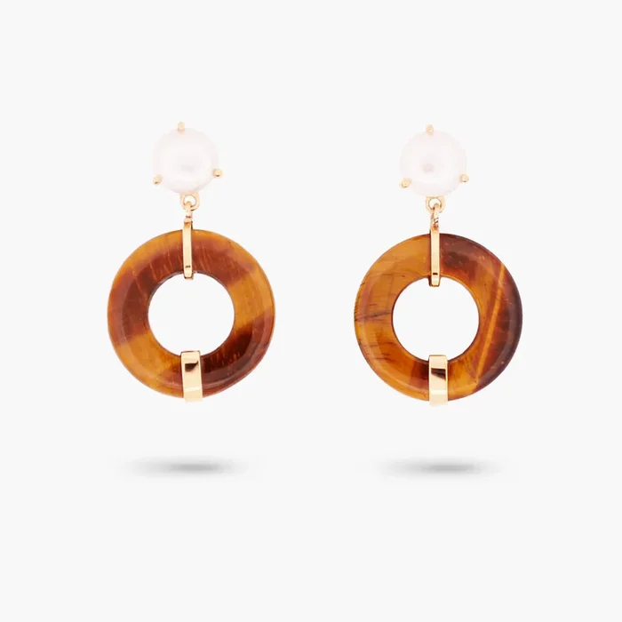Amare Wear Oriental Inspired Freshwater Pearl and Tiger Eyes Dangle Earrings