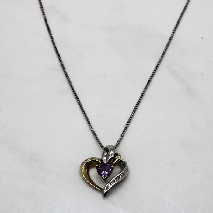 Amethyst & Diamond Open Heart Pendant Necklace | 0.60ct, 0.05ctw | 16″