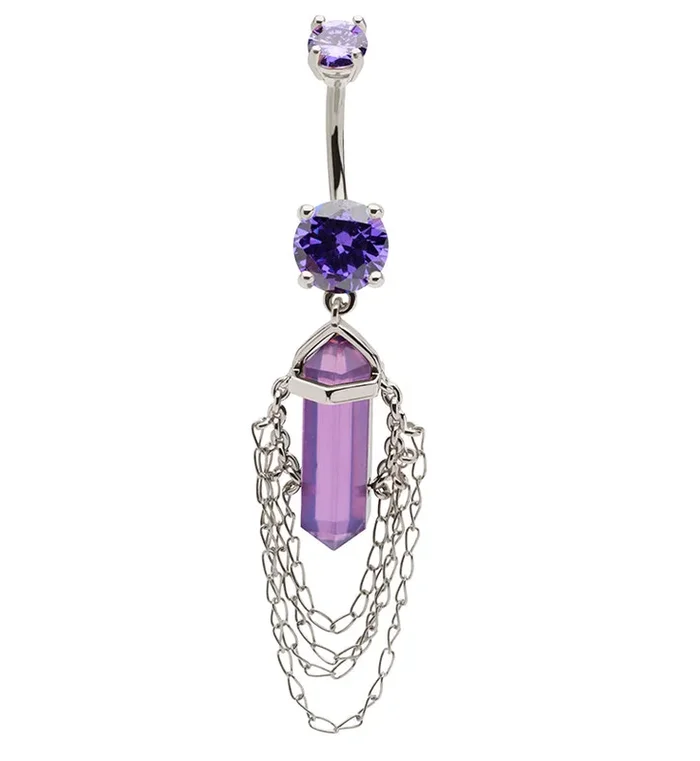 Amethyst Crystal Multi Dangle Chain Stainless Steel Belly Button Ring