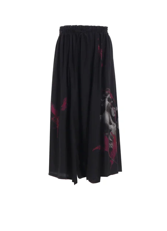 ANGEL-PRINT DUNGAREE TWILL GATHERED PANTS