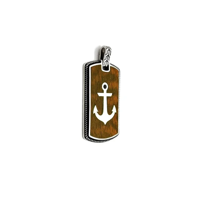 Antique-Finish Silver & Mahogany Anchor Dog Tag Pendant