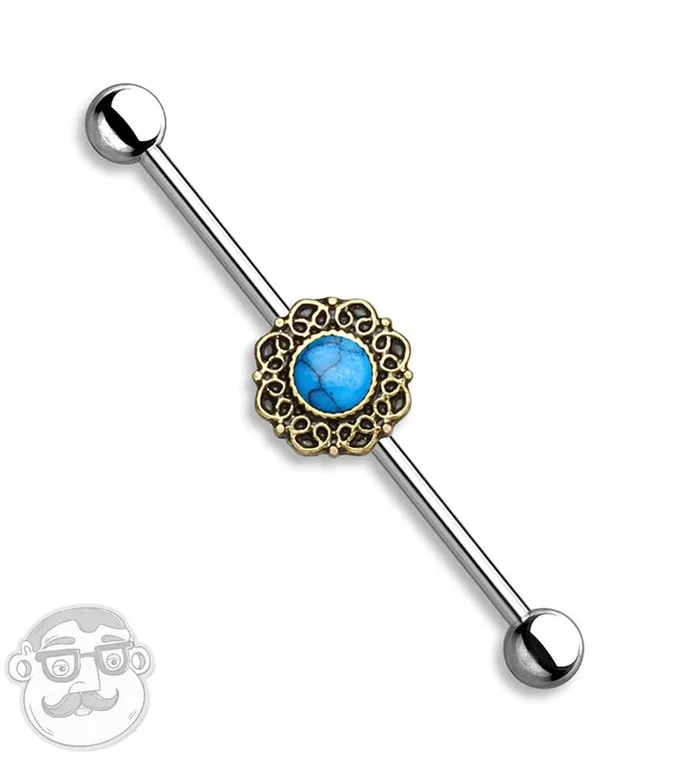 Antique Golden Filigree with Howlite Turquoise Stone Industrial Barbell