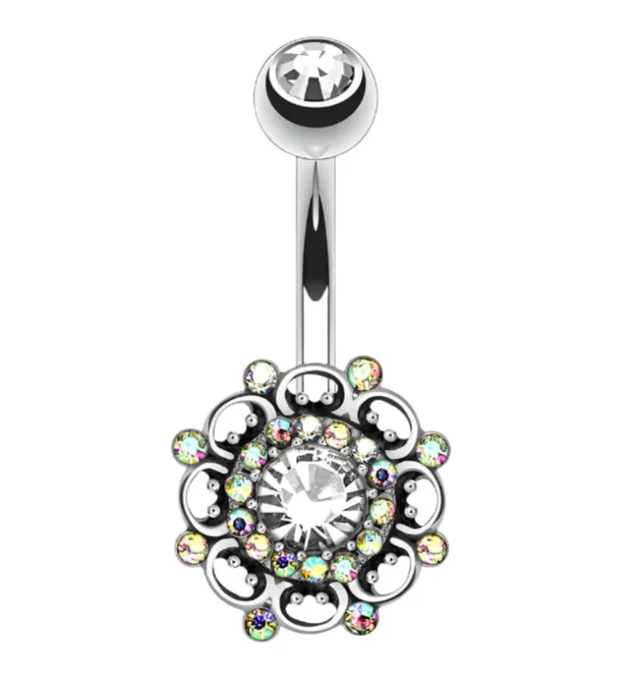 Antique Rainbow Aurora CZ Floral Belly Button Ring