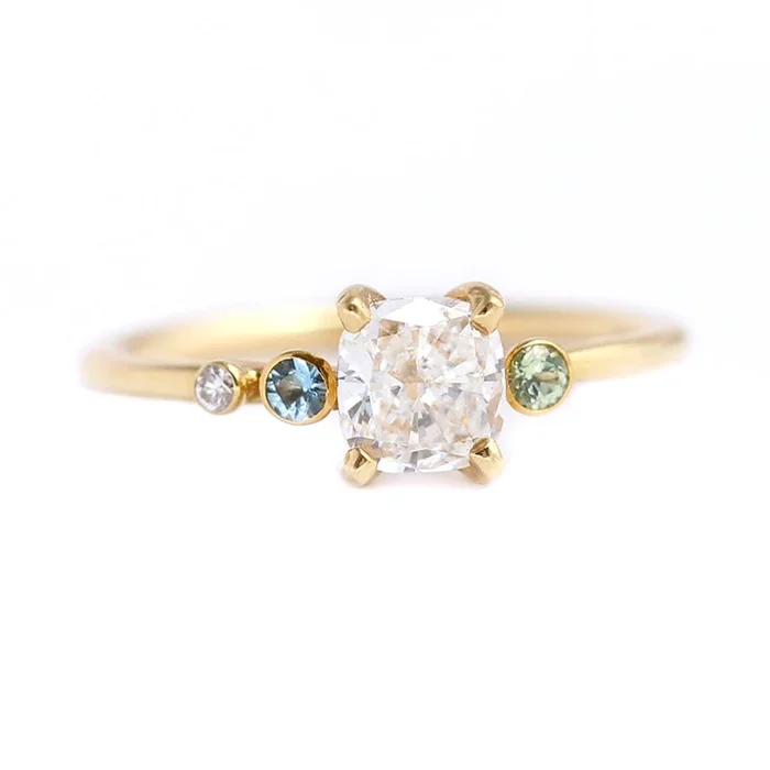Asymmetric Diamond Cluster Engagement Ring with Aquamarine And Mint Garnet – Cluster Engagement Ring