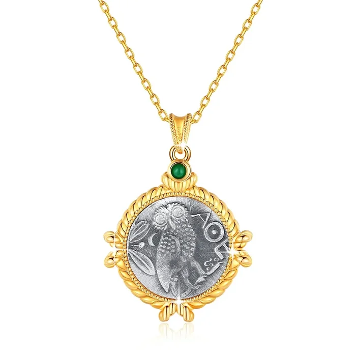 AU750 18K Gold Athena Ancient Coin Pendant Necklace Original Design Brand for Women Men Party Vintage Fine Jewelry