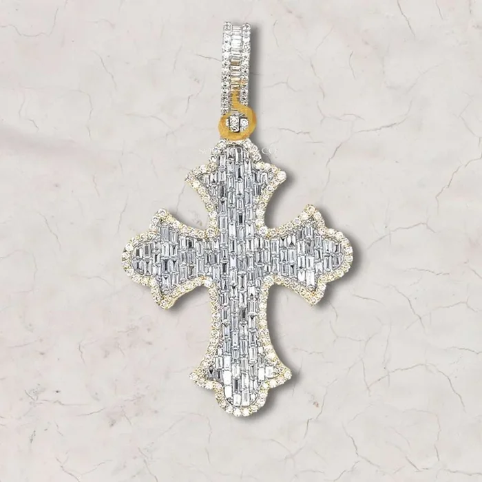 Baguette and Round Diamond Iced Out Cross Pendant