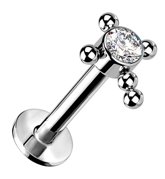 Beaded Cross Clear CZ Titanium Threadless Labret
