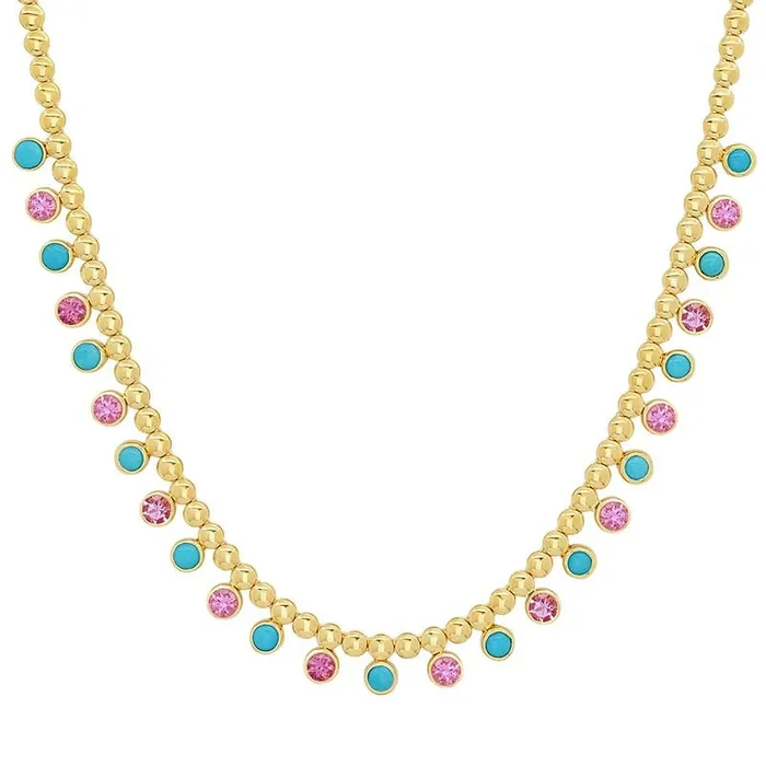 Bezel Tennis Necklace with 1/3 Pink Sapphire & Turquoise Bezel Accents