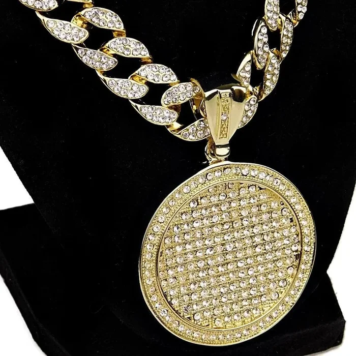 Big Gold Finish Iced Round Medallion Cuban Link Chain Necklace 24″