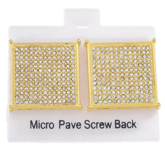 Big Square Earrings Iced Flooded Out Gold Finish Screw Back 22MM