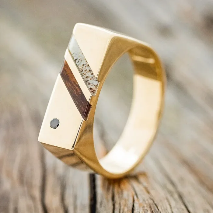 BLACK DIAMOND, IRONWOOD & ELK ANTLER 14K GOLD WEDDING RING
